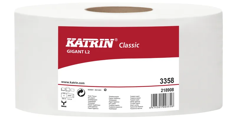 Główne zdjęcie produktu Toaletní papír JUMBO Katrin Classic Gigant L2 2-vrstvý 28 cm 250 m bílý [1 ks]