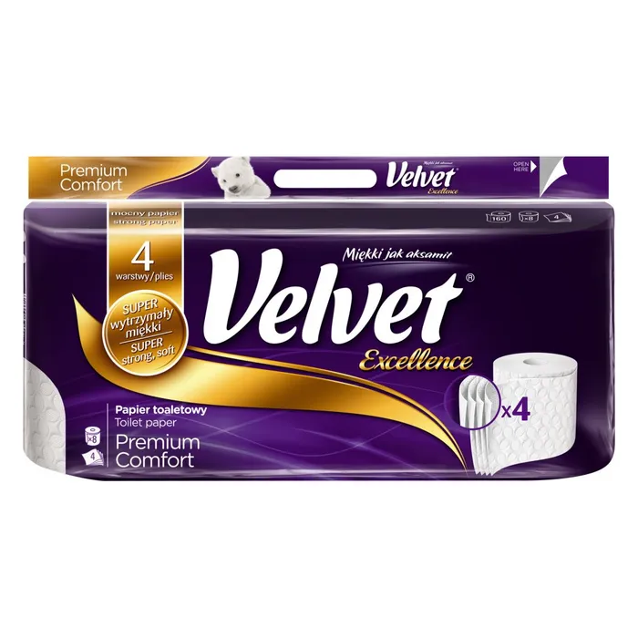 Główne zdjęcie produktu Toaletní papír Velvet White Excellence Premium Comfort luxusní 4 vrstvý 8 kusů
