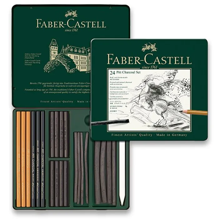 Główne zdjęcie produktu Uhel Pitt Monochrome Charcoal specialní sada, plech. krabička 24ks Faber Castell 112978
