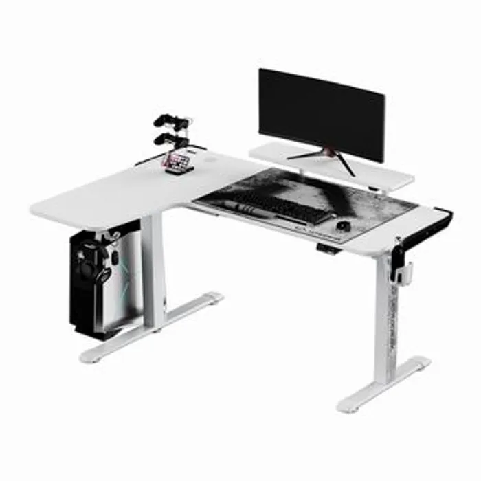 Główne zdjęcie produktu ULTRADESK Herní stůl WINGER - bílý, 111x155x60 cm, 75-122 cm, elektricky nastavitelná výš
