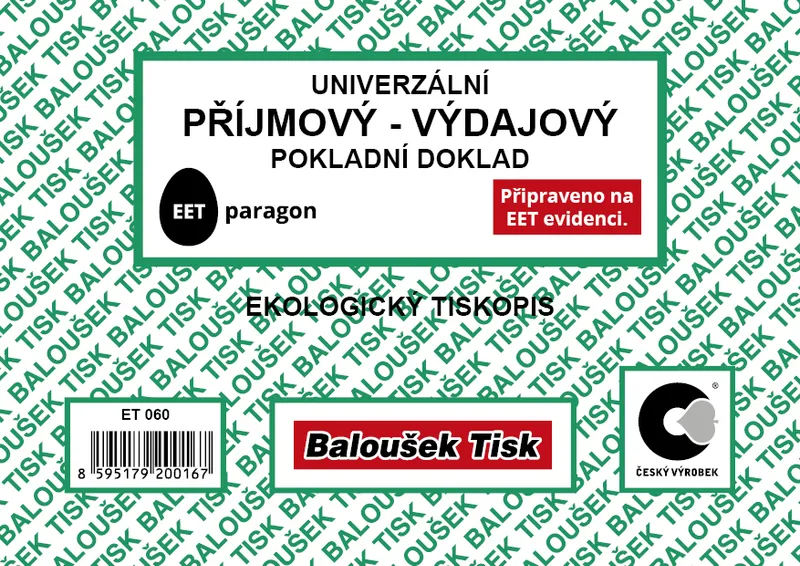 Główne zdjęcie produktu Univerzální příjmový-výdajový pokladní doklad A6 - EET ET060