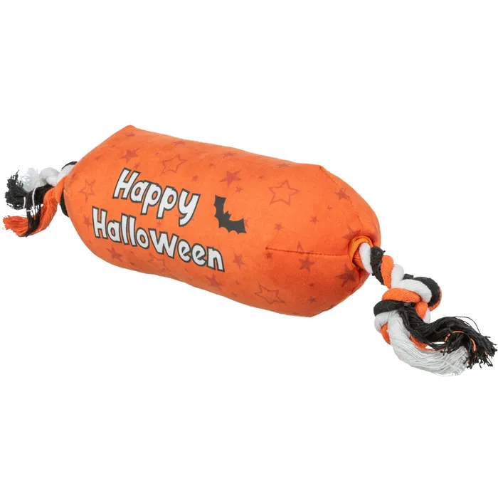 Główne zdjęcie produktu Válec HALLOWEEN, plyšová hračka se zvukem, na laně, 30 cm, oranžová - LIMITOVANÁ NABÍDKA