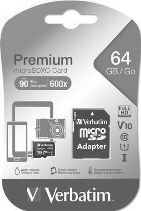 Główne zdjęcie produktu Verbatim Micro Secure Digital Card, 64GB, micro SDXC, 44084, UHS-I U1 (Class 10), s adapt