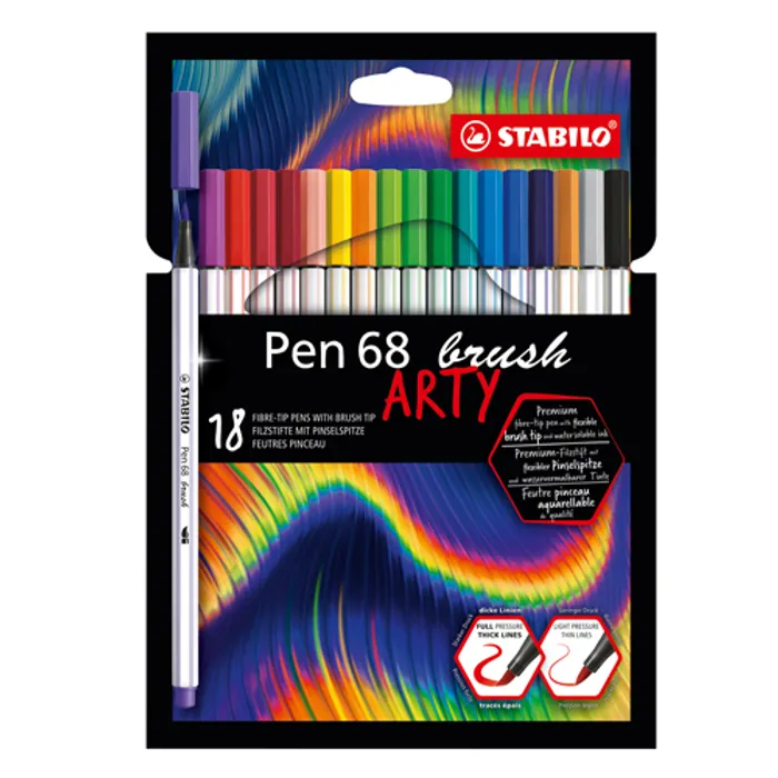 Główne zdjęcie produktu Vláknový fix s flexibilním štětcovým hrotem STABILO Pen 68 brush ARTY - 18 ks pouzdro