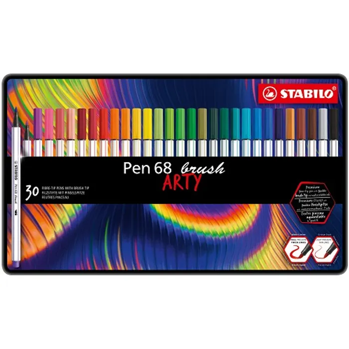 Główne zdjęcie produktu Vláknový fix s flexibilním štětcovým hrotem STABILO Pen 68 brush ARTY - 30 ks sada v plech