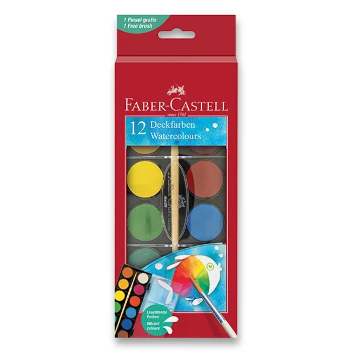 Główne zdjęcie produktu Vodové barvy Faber-Castell, 12 barev, průměr 30 mm