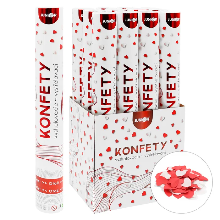 Główne zdjęcie produktu Vystřelovací konfety - trubka 40 cm, bílá a červená papírová srdce, [1 ks]