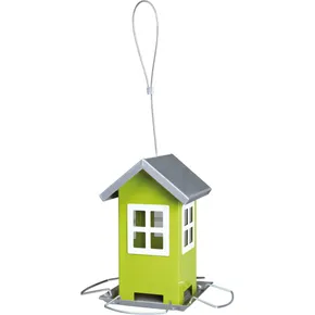 Metalowy karmnik ogrodowy, kolorowy domek 19x20x19 cm, - dach zielono-srebrny
