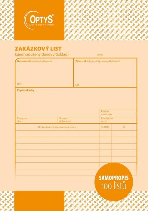 Główne zdjęcie produktu Zakázkový list A5, samopropisovací, 100 listů 1085