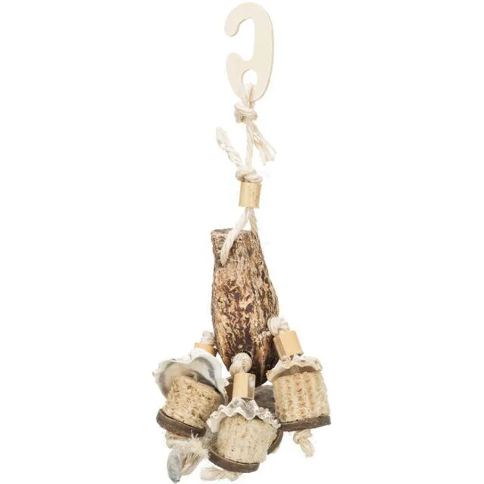 Główne zdjęcie produktu Závěsná přírodní hračka pro papoušky, mahagon/mušle, 26 cm