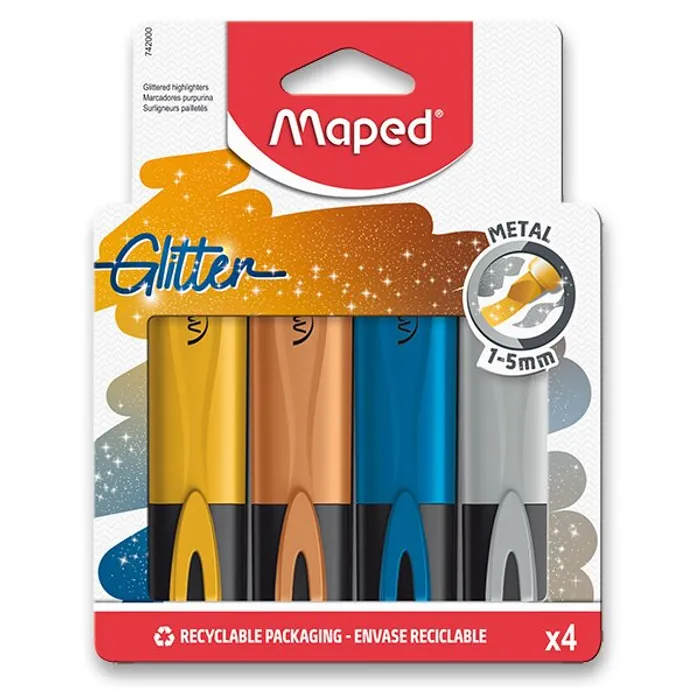 Główne zdjęcie produktu Zvýrazňovač Maped Fluo Peps Glitter Metal sada 4 barev