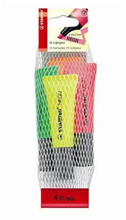 Główne zdjęcie produktu Zvýrazňovač STABILO NEON 4 ks Síťka (oranžová, zelená, žlutá, růžová)