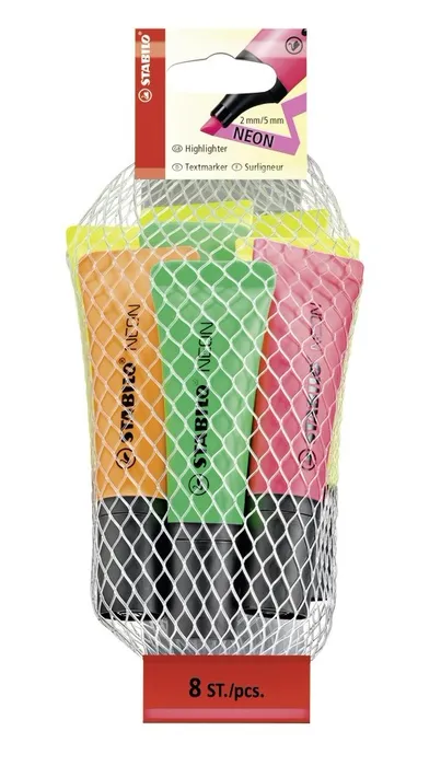 Główne zdjęcie produktu Zvýrazňovač STABILO NEON - 8 ks sada - 4 x žlutá, 2 x zelená, 1 x oranžová, 1 x růžová