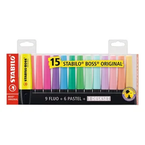Zakreślacze STABILO BOSS ORIGINAL 15 szt. (9 neonowych + 6 pastelowych) stojak biurkowy
