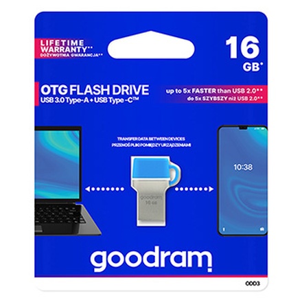 Papírenské zboží - Goodram USB flash disk OTG, USB 3.0 (3.2 Gen 1), 16GB, ODD3, modrý, ODD3-0160B0R11, USB A