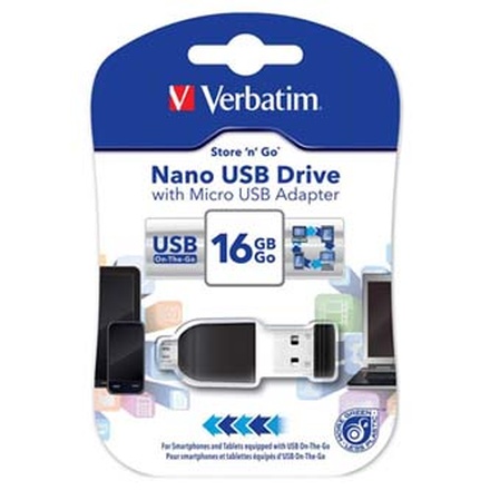 Papírenské zboží - Verbatim USB flash disk, USB 2.0, 16GB, Nano, Store N Go, černý, 49821, USB A, s adaptére