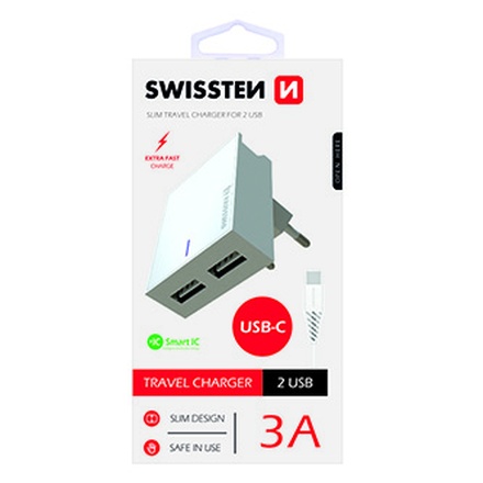 Papírenské zboží - SWISSTEN, Síťový adaptér, s USB-C kabelem, 100-240V, 5V, 3000mA, nabíjení mobilních telef