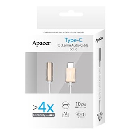 Papírenské zboží - Kabel USB (2.0), USB C M- audio jack (3.5mm) F, 0.1m, reversible, zlatý, Apacer, box, DC1