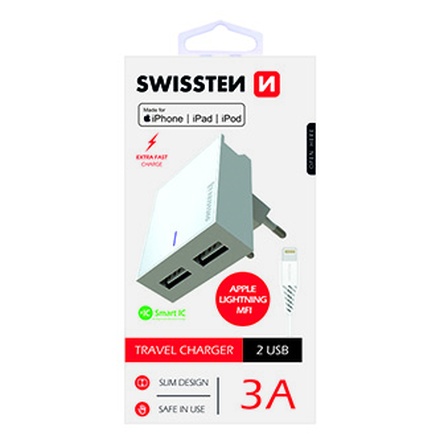 Papírenské zboží - SWISSTEN, Síťový adaptér, s Lightning kabelem (MFi certifikace), 100-240V, 5V, 3000mA, na