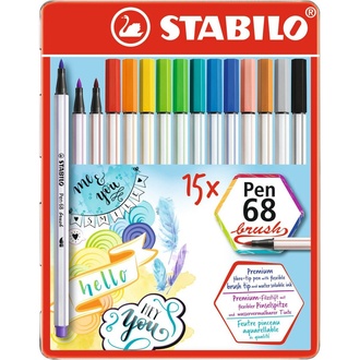 Papírenské zboží - Vláknový fix s flexibilním štětcovým hrotem STABILO Pen 68 brush - 15 ks sada v plechu