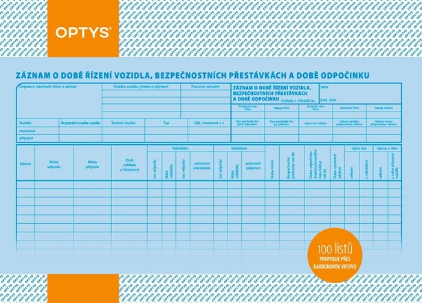 Papírenské zboží - Záznam o době řízení vozidla a bezpeč. přestávkách Karbon A4, 100 listů 1174